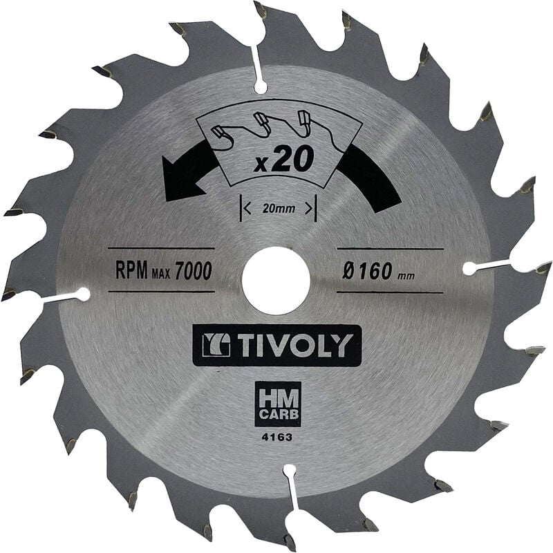 Tivoly - Lame de Scie Circulaire • Ø160mm • 20 Dents en Carbure • Pour Découpe du Bois Dur • Pour Découpe du Bois Stratifié