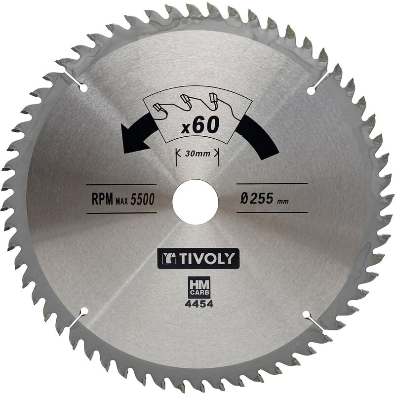 Tivoly - Lame de Scie Circulaire • Ø255mm • 60 Dents en Carbure • Excellente Finition • Pour Scie Portative • Pour Découpe du Bois Dur • Pour Découpe
