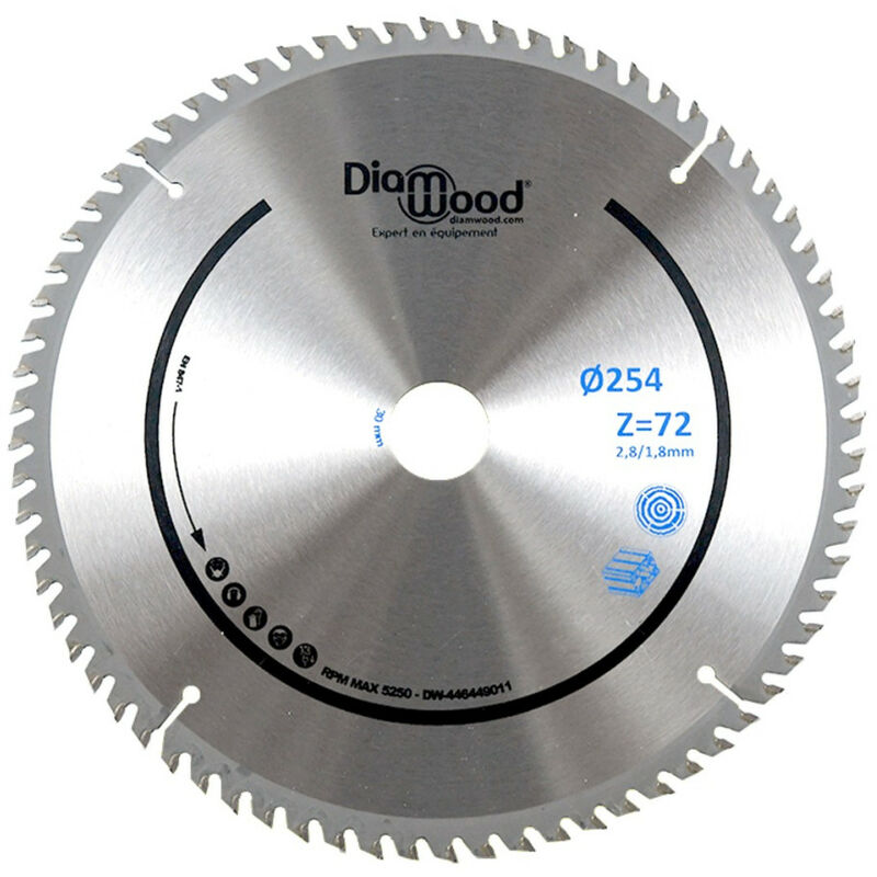 Diamwood – Lame de scie circulaire carbure 254 mm – 72 dents trapézoïdales – Coupe aluminium, métaux non ferreux, bois, PVC – Compatible scies à