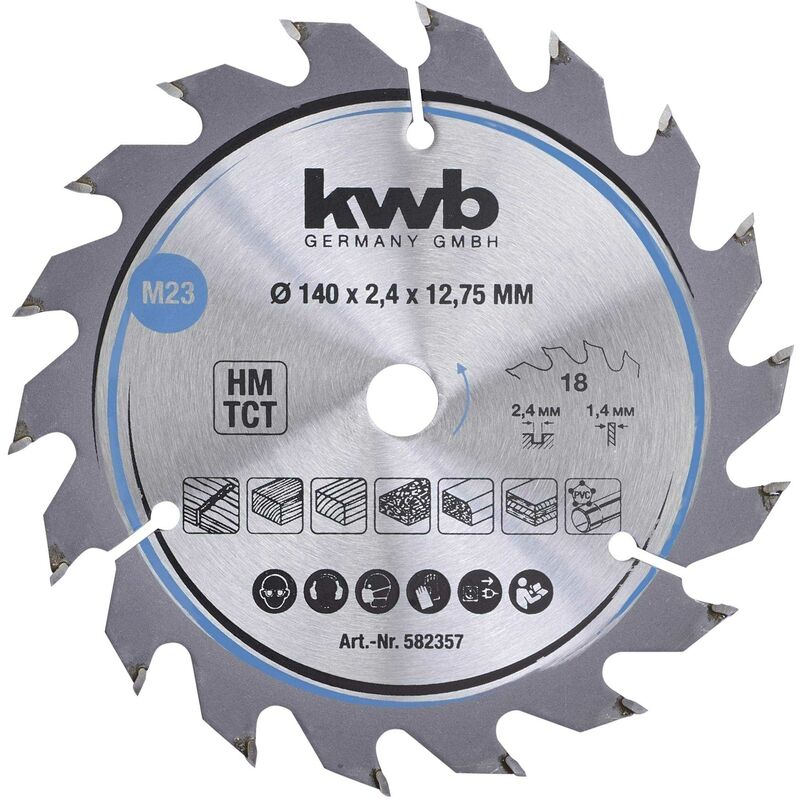 KWB - 582357 lame de scie circulaire en bois dur et bois dur 140 x 12,7 mm coupes propres, chiffres moyens, 18 dents Z-18