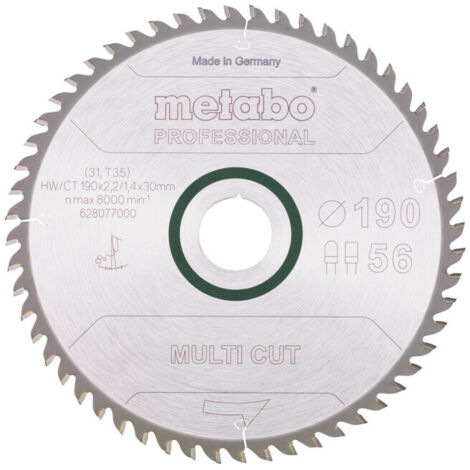 Lame de scie circulaire HW/CT 190 x 30 x 2,2/1,4, nombre de dents 56, denture plate trapézoïdale, angle d'attaque 8° metabo