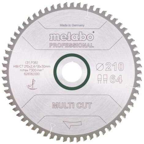Lame de scie circulaire HW/CT 210 x 30 x 2,4/1,6, nombre de dents 64, denture plate/denture trapézoïdale, angle d'attaque 5° nég. metabo