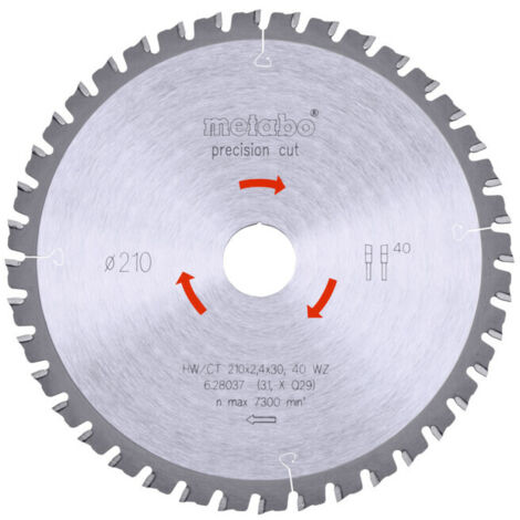 Lame de scie circulaire HW/CT 210 x 30 x 2,4/1,8, nombre de dents 40, affûtage en biseau alterné, angle d'attaque 3° metabo