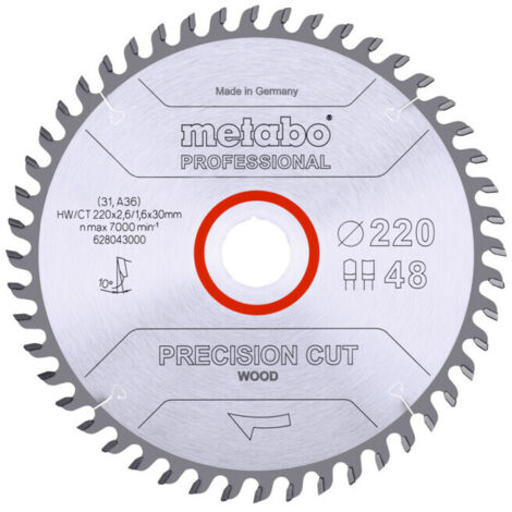 Lame de scie circulaire HW/CT 220 x 30 x 2,6/1,6, nombre de dents 48, denture creuse, angle d'attaque 10° metabo