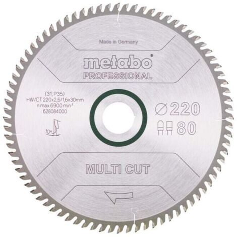 Lame de scie circulaire HW/CT 220 x 30 x 2,6/1,6, nombre de dents 80, denture plate trapézoïdale, angle d'attaque 10° metabo