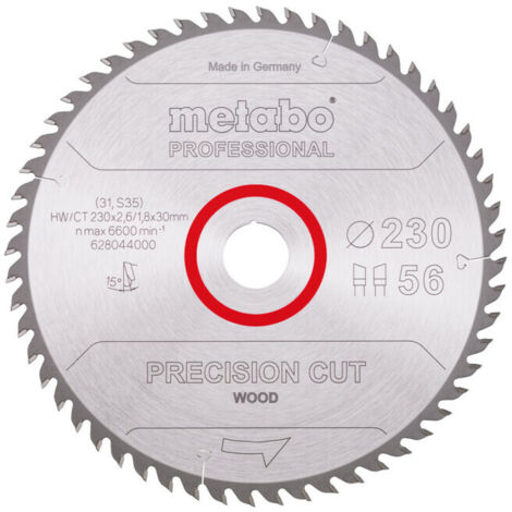 Lame de scie circulaire HW/CT 230 x 30 x 2,6/1,8, nombre de dents 56, affûtage en biseau alterné, angle d'attaque 15° metabo