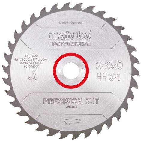 Lame de scie circulaire HW/CT 250 x 30 x 2,8/1,8, nombre de dents 34, affûtage en biseau alterné, angle d'attaque 15° metabo