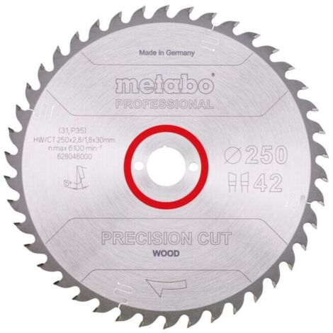 Lame de scie circulaire HW/CT 250 x 30 x 2,8/1,8, nombre de dents 42, affûtage en biseau alterné, angle d'attaque 15° metabo