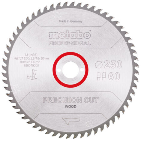 Lame de scie circulaire HW/CT 250 x 30 x 2,8/1,8, nombre de dents 60, affûtage en biseau alterné, angle d'attaque 15° metabo