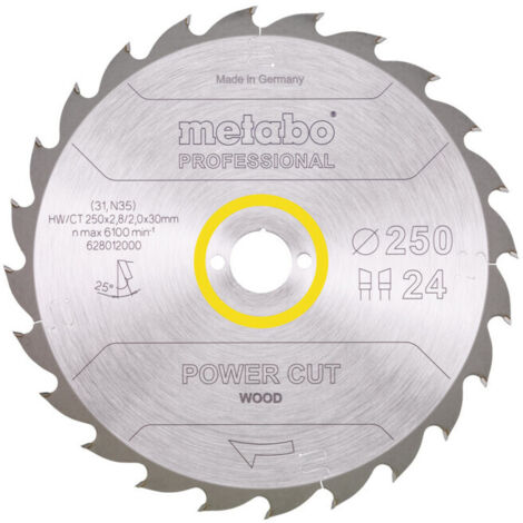 Lame de scie circulaire HW/CT 250 x 30 x 2,8/2,0, nombre de dents 24, affûtage en biseau alterné, angle d'attaque 25° metabo