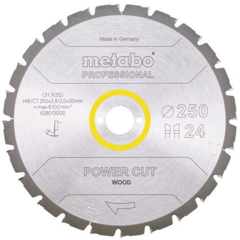 Lame de scie circulaire HW/CT 250 x 30 x 2,8/2,0, nombre de dents 24, affûtage en biseau alterné, angle d'attaque 3° nég. metabo
