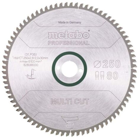 Lame de scie circulaire HW/CT 250 x 30 x 2,8/2,0, nombre de dents 80, denture plate/denture trapézoïdale, angle d'attaque 5° nég. metabo