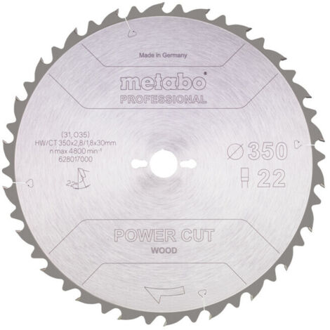 Lame de scie circulaire HW/CT 350 x 30 x 2,8/1,8, nombre de dents 22, denture plate, angle d'attaque 22° metabo