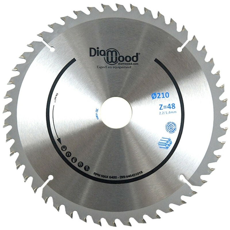 Diamwood - Lame de Scie Circulaire Bois Alu pour Scies à Onglet - Découpe Parfaite et Professionnelle - Diamètre 210 mm - 48 Dents Trapézoïdales