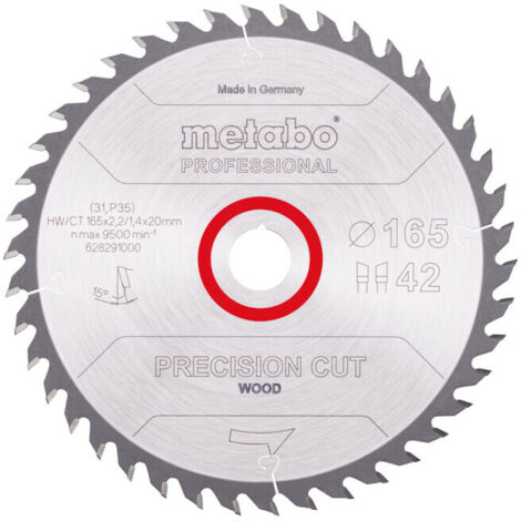 Lame de scie Metabo "coupe de bois de précision - professionnelle", 165x2,2/1,4x20 Z42 WZ 15°.