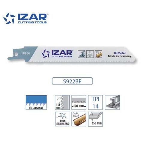 Lame de scie sabre Bi-Métal (Pack de 5 PCS) pour Acier/Inox LG.150 mm 14 TPI - IZAR (S922BF)
