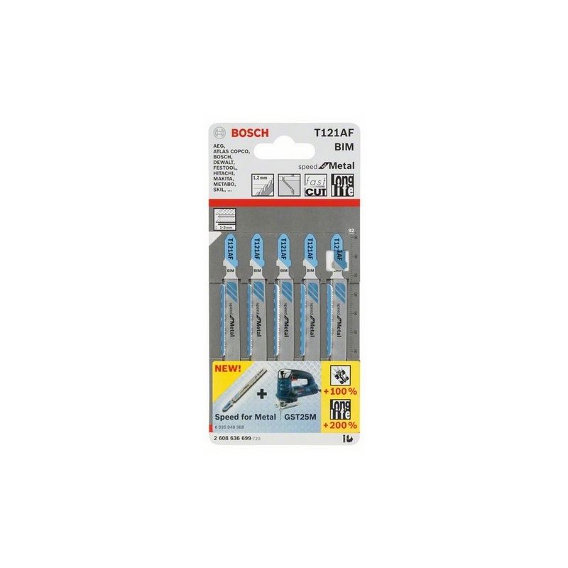 Bosch - lame de scie sauteuse special metal-t 121 af - nb de LAMES.5 - type de coupe.finition - pas MM.1,2 - long. utile MM.65 -