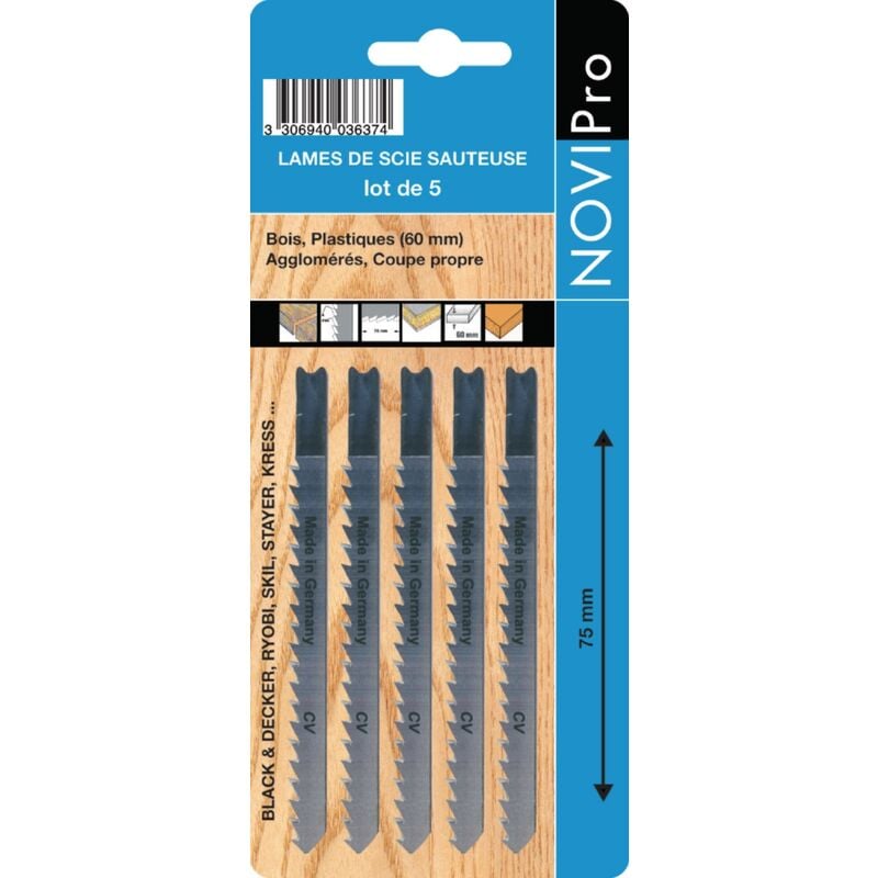Lame de scie sauteuse - 75 mm - pas de 2.5 mm - pour stratifié - carte de 5 Novipro 7003-05