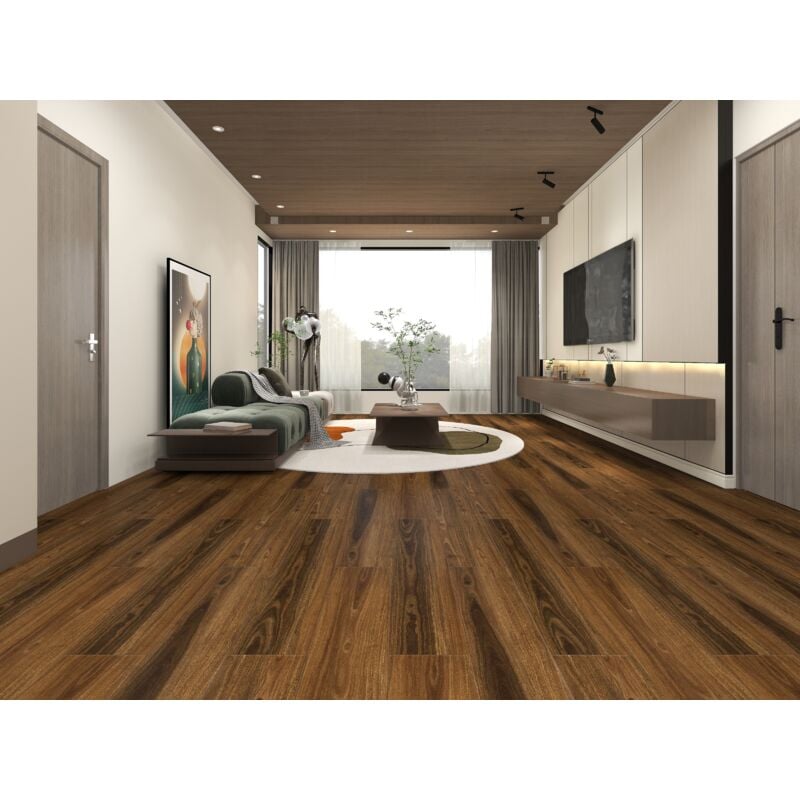 Lame de sol pvc 2.55m² 5 mm, Planche de plancher pvc autoadhésif - Chauffage au sol aménageable, revêtement de sol design en vinyle - Marron