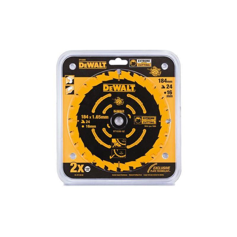 DEWALT DT10302-QZ - Lame de Scie circulaire Elite, Diamètre de la lame : 184/16 mm, Largeur de coupe : 1,65 mm, 24 dents, Angle de les dents : 18°,