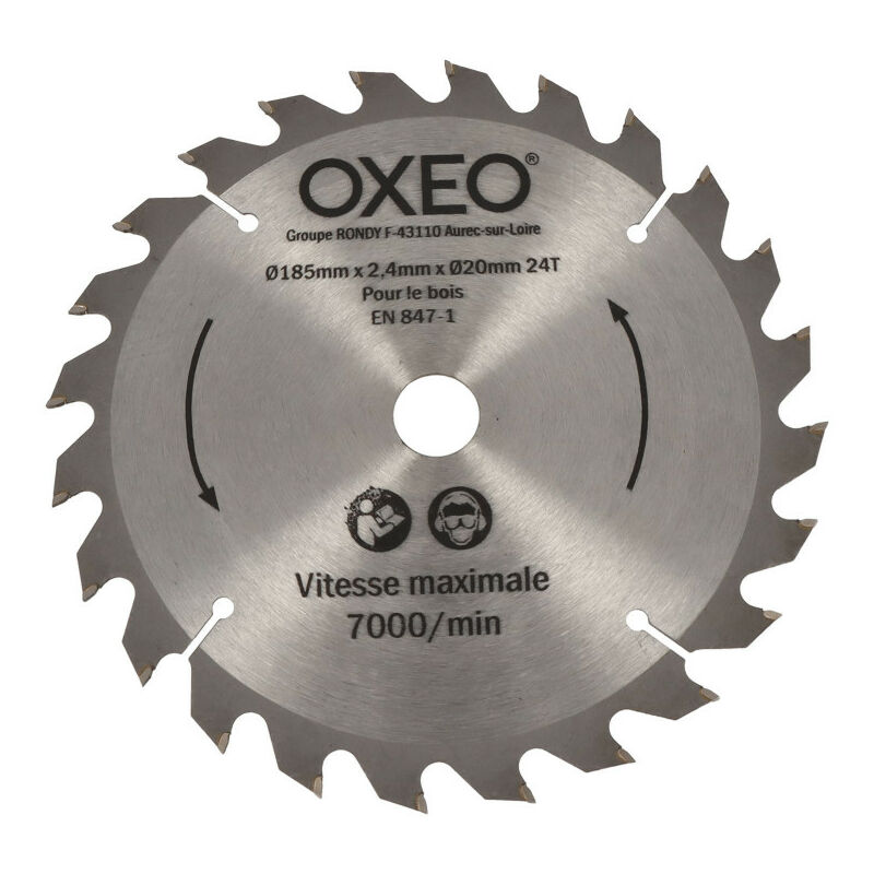 Oxeo - Lame - dia 185mm x 2,4 mm x dia 20 mm - 7000 t/min - pour scie circulaire 1200W - pour le bois - pour ref 760061