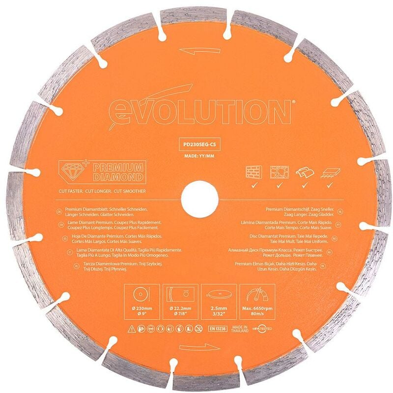 Disque diamant premium segmenté 230mm alésage 22,2mm Evolution pour Disqueuse