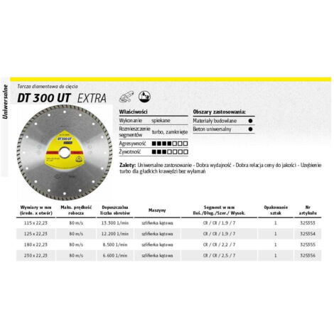 LAME DIAMANT KLINGSPOR TURBO 230 mm x 2,5 mm x 22,2 mm EXTRA DT300UT, BÉTON