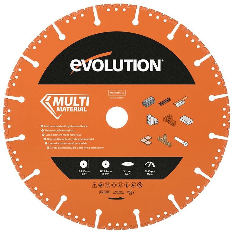 Disque diamant multi-matériaux segmenté 230mm alésage 22,2mm Evolution pour Disqueuse
