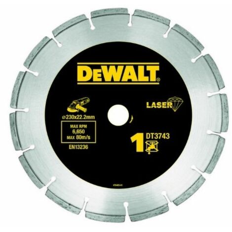 Dewalt – Disque diamant 230mm – Alésage 22,2mm – Épaisseur 2,4mm – Type de coupe à sec – Segments soudés laser pour béton et briques