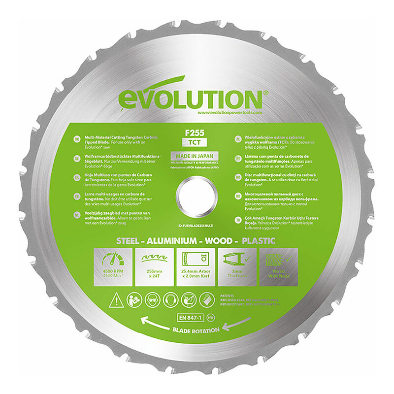 Evolution Power Tools - Lame multi-matériaux tct 255mm 24 dents alésage 25,4mm Evolution pour Scie à onglet et Scie sur table