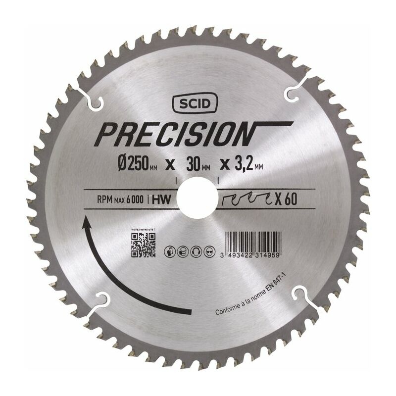 Lame pour machines stationnaires Scid Epaisseur 3,2 mm - 60 dents - Diamètre 250 mm - Alésage 30 mm