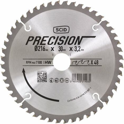 Lame pour machines stationnaires SCID - Epaisseur 3,2 mm - 48 dents - Diamètre 216 mm - Alésage 30 mm