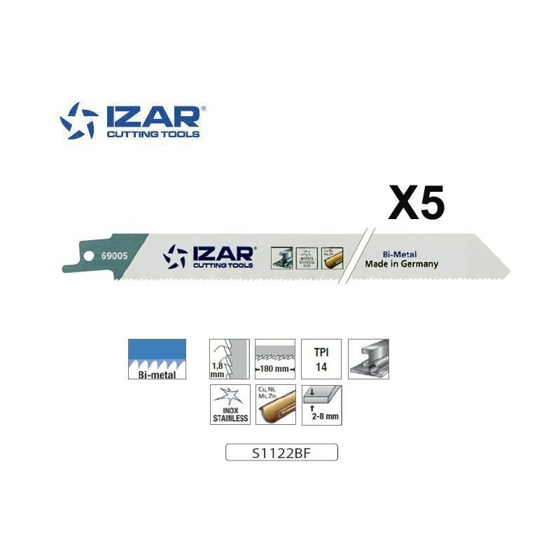Lame scie sabre Izar S1122BF bimétal (x5) pour inox 200 mm 14TPI