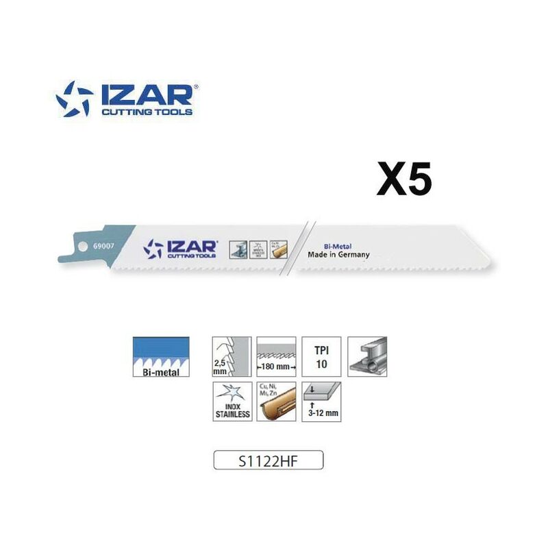 Izar - Lame scie sabre S1122HF bimétal (x5) pour inox 200 mm 10TPI