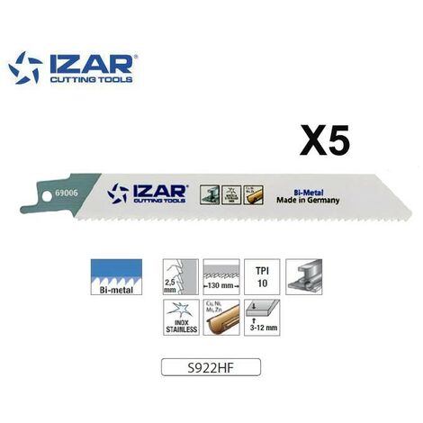 Lame scie sabre Izar S922HF bimétal (x5) pour inox 150 mm 10TPI