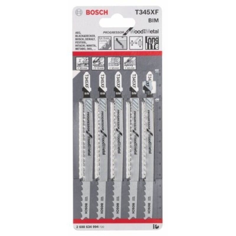 Carte de 5 Lames Bois avec Métal Bosch hcs Rectifiée Progressor T345XF bi-metal - 2608634994