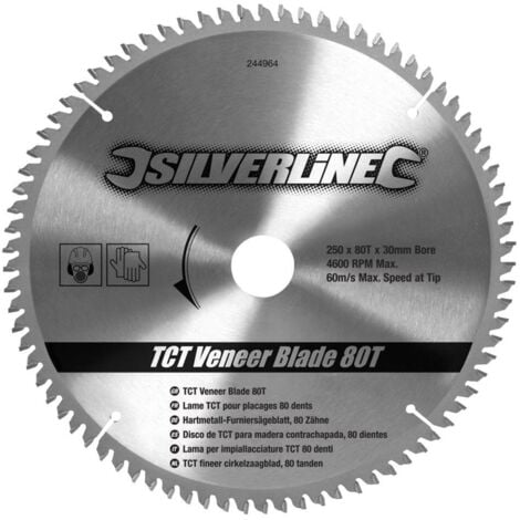 Lame TCT pour placages, 80 dents, 250 x 30 - Bagues de 16, 20 et 25 mm, 250 X 30 - Bagues De 16. 20 Et 25 Mm