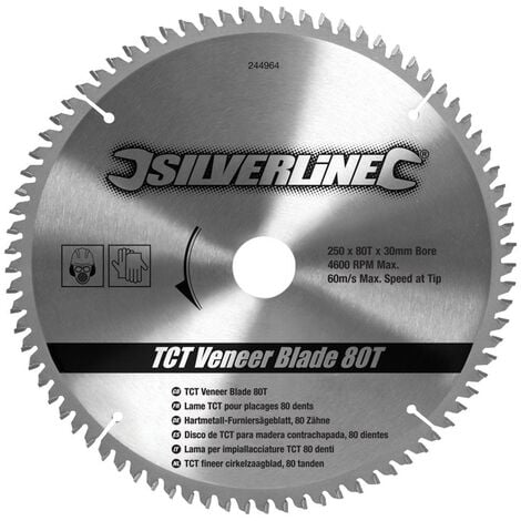 Lame TCT pour placages, 80 dents 250 x 30 mm, bagues de 16, 20 et 25 mm