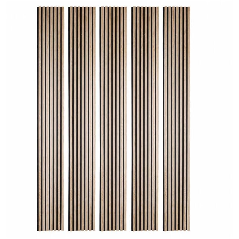 Lot de 5 panneaux tasseaux bois 250x30x1 cm - Pack Mur TV bois 150cm - Lamelles chêne clair véritable fond noir - 3,75m²