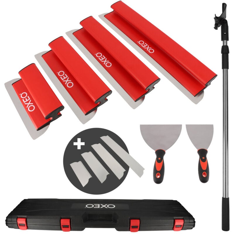 Oxeo - Lames à Lisser plaquiste - Coffret lames 0.35mm et 0.5mm - Acier inoxydable - Perche extensible - Lames souples et rigides
