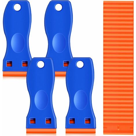 Lames de grattoir en plastique, 4 pièces d'outils de grattoir avec 100 lames en plastique, grattoir à lame de rasoir en plastique pour autocollants, décalcomanies, adhésifs, étiquettes, peinture, verr