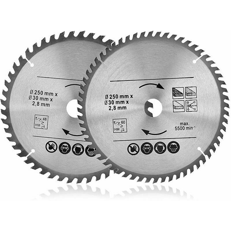 Lames de Scie Circulaire Pour Coupe de Précision Pour Scies Universelles et Pour La Coupe Universelle de Bois Naturel, Bois Dur (2PCSx250mm)