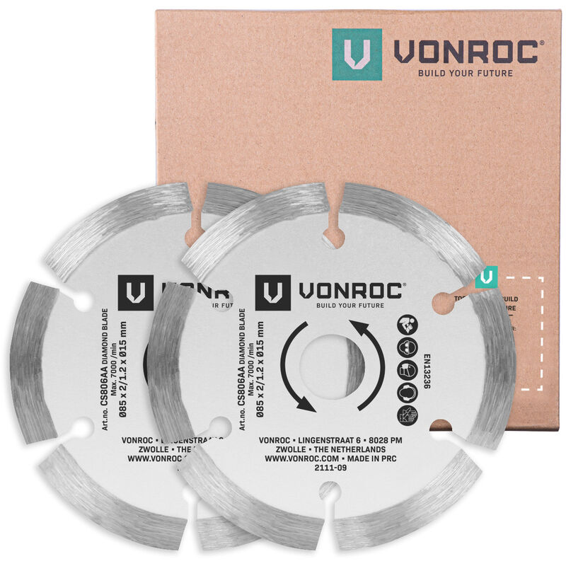 Vonroc - Lames diamant 85mm, diamètre d'alésage de 15mm - pour scies compactes, circulaires et plongeantes – Pour la pierre et la céramique – 2pcs