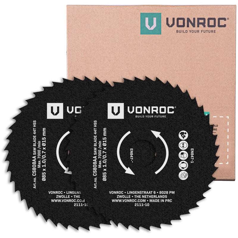 Vonroc - Lames hss 85mm, 44 dents, diamètre d'alésage de 15mm - pour scies compactes, circulaires et plongeantes –Pour le bois, le stratifié et les