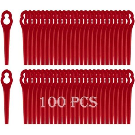 Lames plastique pour tondeuses Einhell, lot de 100 pièces. Enroulées, remplacement facile et durable.