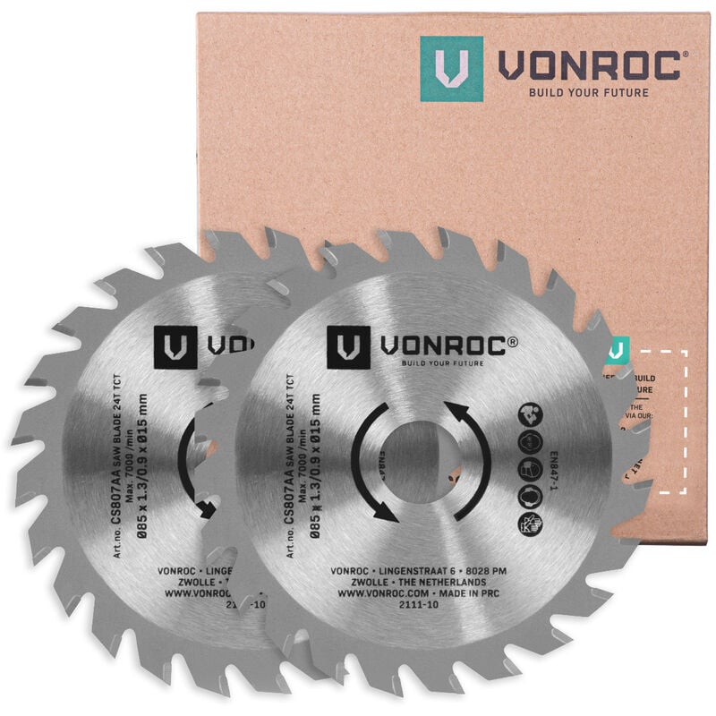 Lames TCT 85mm, 24 dents, épaisseur 1.3mm - pour scies compactes, circulaires et plongeantes – Pour le bois, le stratifié et le plastique - 2 pcs