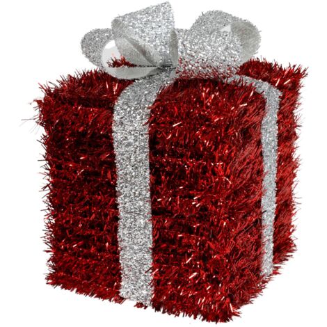 Lametta Weihnachtsgeschenk rot 16cm mit Schleife Weihnachtsdeko Geschenkpäckchen