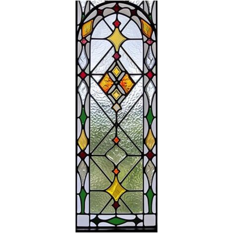Lámina para ventanas con diseño de vidrieras retro, con propiedades antipalanca, antirreflejos, antiestáticas y resistentes al desgarro. 45 x 100 cm.