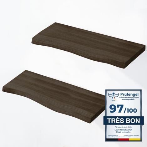 LAMO MANUFAKTUR 3 étagères murale en bois avec fixation invisible 42/36/30cm Etagère murale en 100% bois massif Etagère murale pour salon SET 1 étagères bord irrégulier Couleur: Foncé