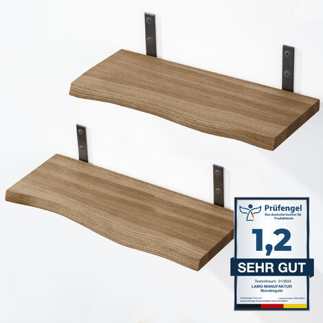 LAMO Manufaktur 2 Stück Wandregal Holz 2x 42cm  Schweberegal Massiv 100% Echtholz  Hängeregal für Wohnzimmer, Schlafzimmer, Büro, Badezimmer  Wandregale SET 2 Baumkante Regal Farbe: Nussbaum